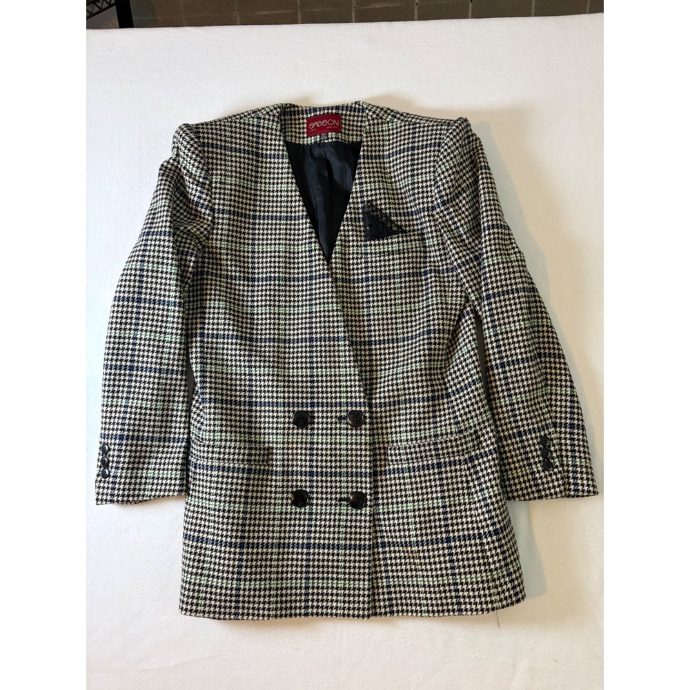 Vintage Sasson Houndstooth Blazer Double Breasted Wool Bl Lace Detail Size 10/11